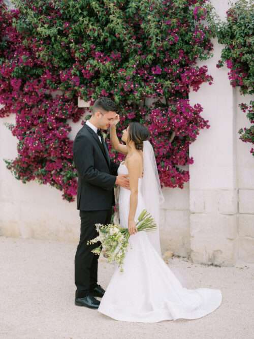 First look between bride and groom from a Masseria Parco della Grava wedding in Puglia, Italy