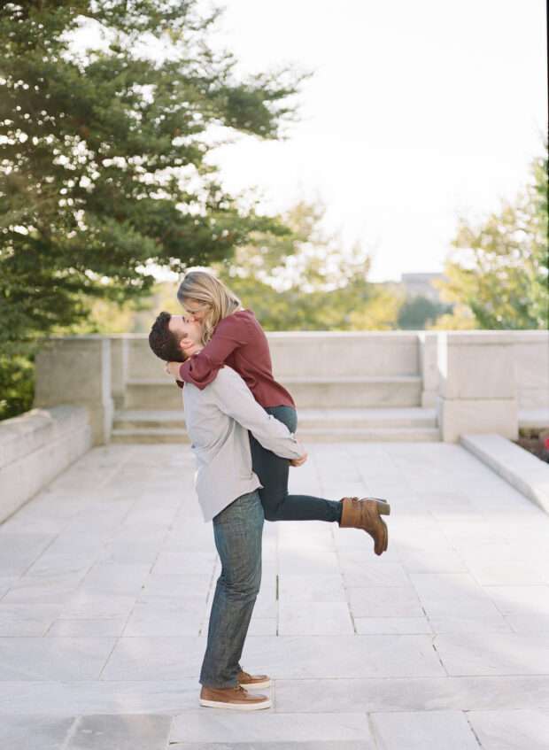 A beautiful downtown Columbus engagement session in October captured on film at Capitol Square and the Scioto Mile