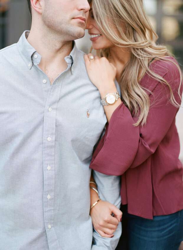 A beautiful downtown Columbus engagement session in October captured on film at Capitol Square and the Scioto Mile