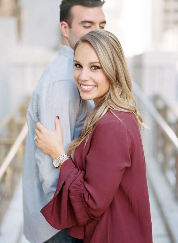 A beautiful downtown Columbus engagement session in October captured on film at Capitol Square and the Scioto Mile