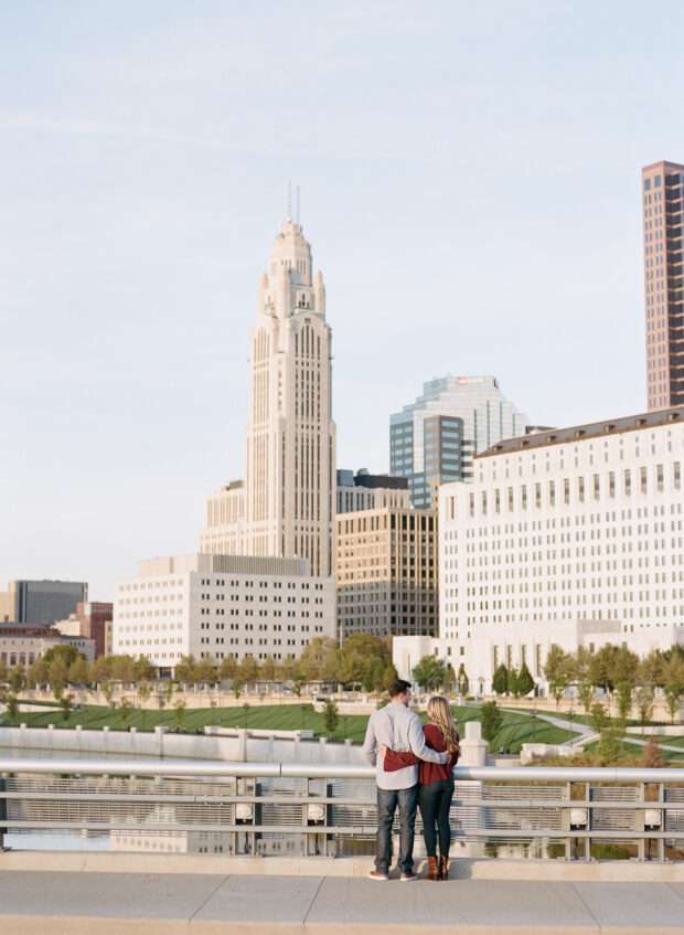 A beautiful downtown Columbus engagement session in October captured on film at Capitol Square and the Scioto Mile