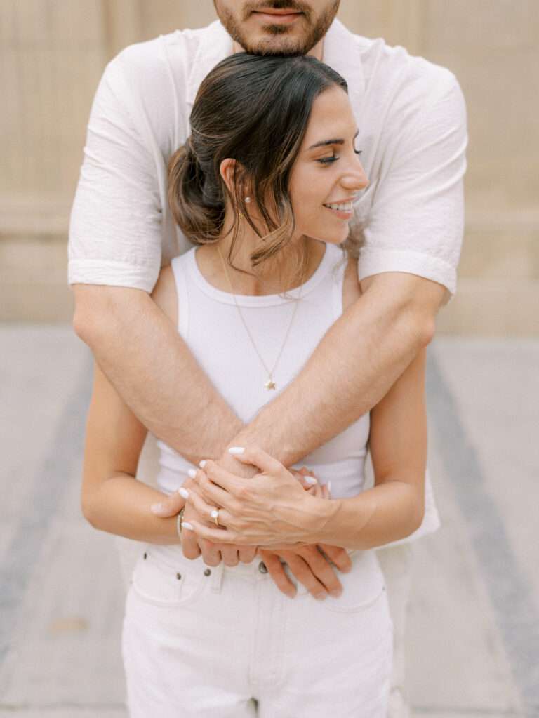 Chic and moody downtown Columbus engagement photos at McFerson Commons Park in the Arena District with Ana and Stephen