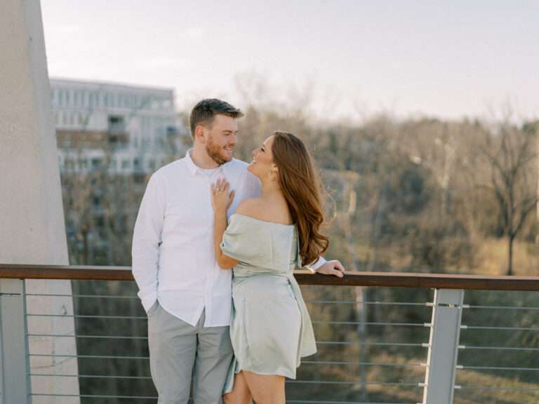 Bridge Park engagement photos near Dublin, Ohio in early spring with Marybeth and Spencer