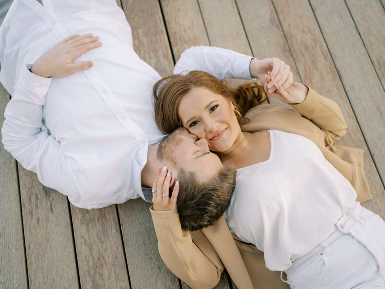 Bridge Park engagement photos near Dublin, Ohio in early spring with Marybeth and Spencer