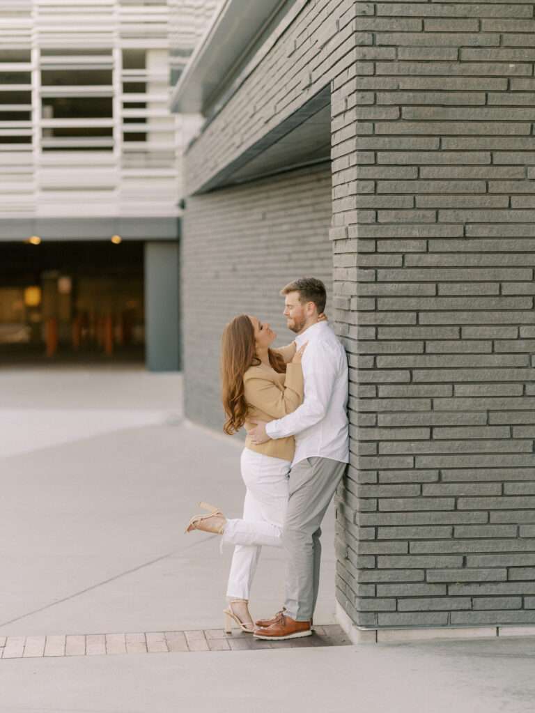 Downtown Dublin, Ohio engagement photos near Bridge Park in early spring with Marybeth and Spencer