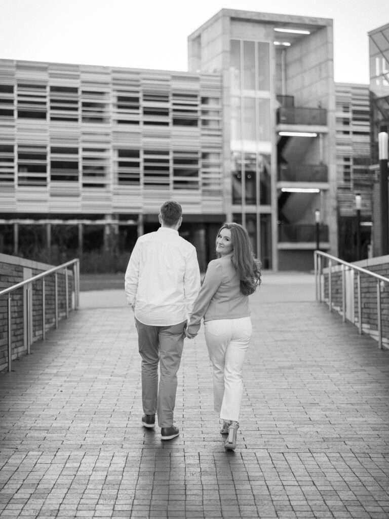 Downtown Dublin, Ohio engagement photos near Bridge Park in early spring with Marybeth and Spencer