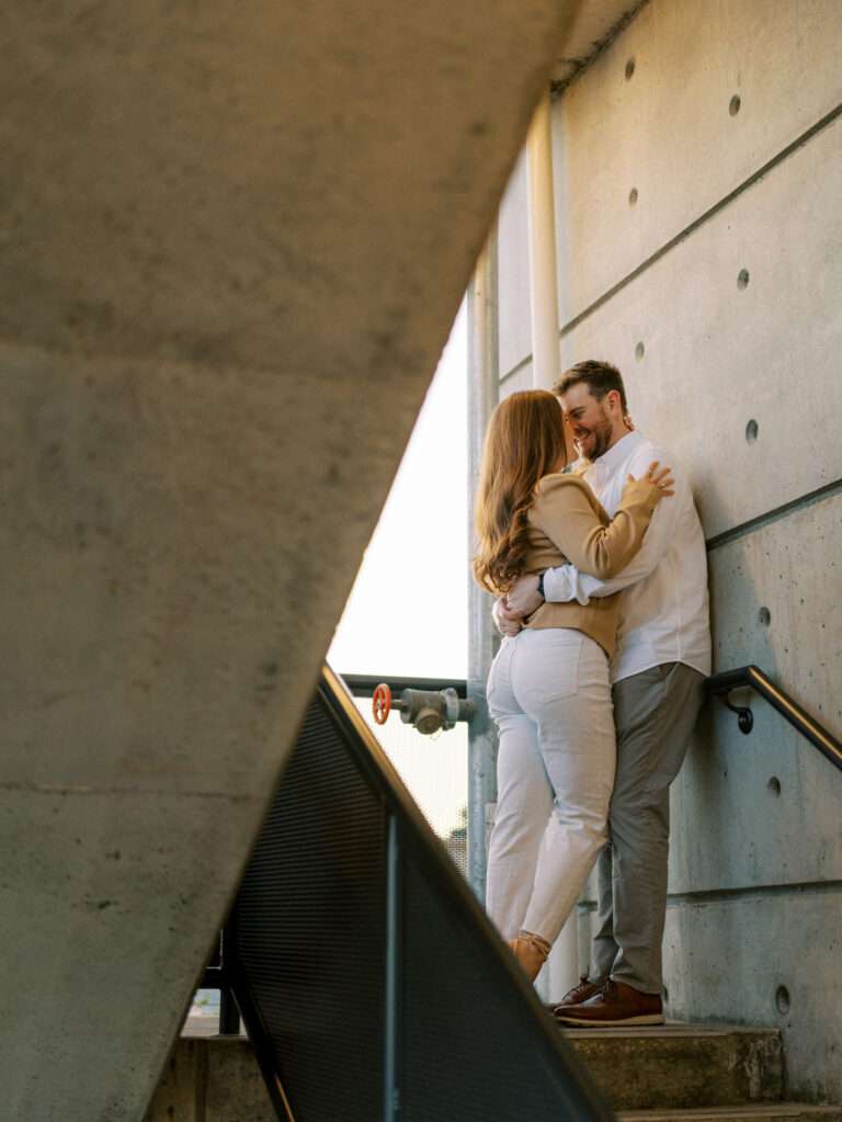 Downtown Dublin, Ohio engagement photos near Bridge Park in early spring with Marybeth and Spencer