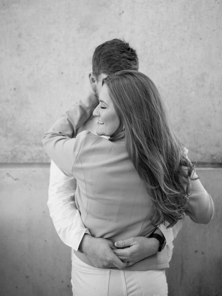 Downtown Dublin, Ohio engagement photos near Bridge Park in early spring with Marybeth and Spencer