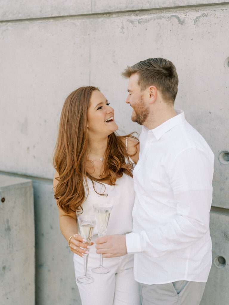 Bridge Park engagement photos near Dublin, Ohio in early spring with Marybeth and Spencer