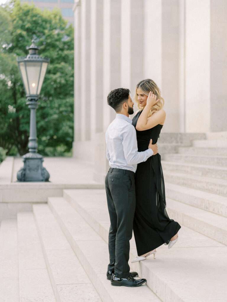 Classic & intimate Capitol Square engagement photos captured at sunset in downtown Columbus with Roseil & Mohammed