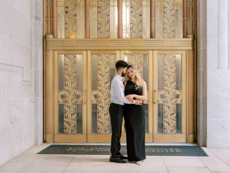 Classic & intimate Capitol Square engagement photos captured at sunset in downtown Columbus with Roseil & Mohammed