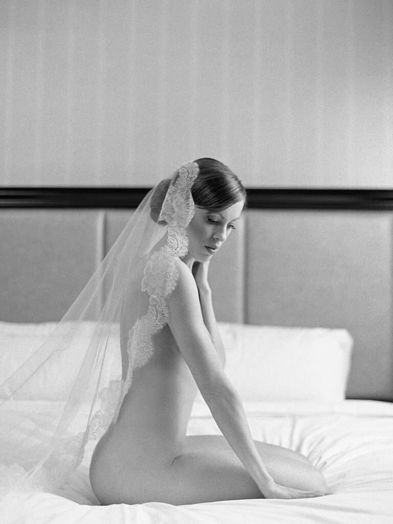 Bridal boudoir photography editorial captured on film featuring the theme white bride/black boudoir by Columbus wedding photographer Hunter Photographic