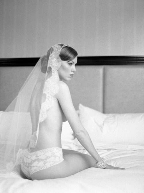 Bridal boudoir photography editorial captured on film featuring the theme white bride/black boudoir by Columbus wedding photographer Hunter Photographic