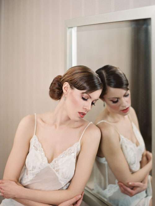 Bridal boudoir photography editorial captured on film featuring the theme white bride/black boudoir by Columbus wedding photographer Hunter Photographic