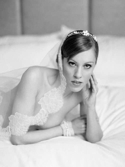 Bridal boudoir photography editorial captured on film featuring the theme white bride/black boudoir by Columbus wedding photographer Hunter Photographic