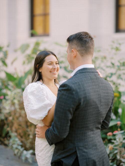 Capitol Square engagement photos in downtown Columbus, Ohio captured at the height of summer by Hunter Photographic.