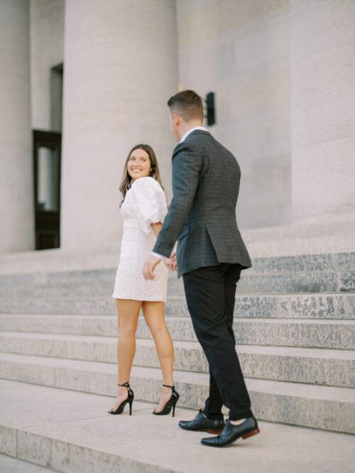 Capitol Square engagement photos in downtown Columbus, Ohio captured at the height of summer by Hunter Photographic.