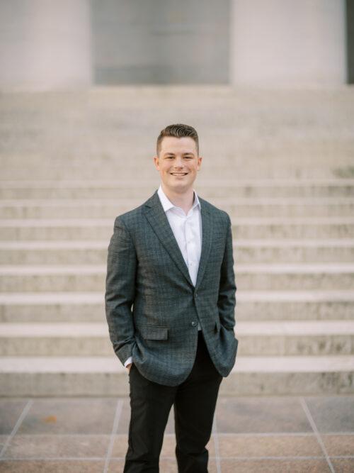 Capitol Square engagement photos in downtown Columbus, Ohio captured at the height of summer by Hunter Photographic.