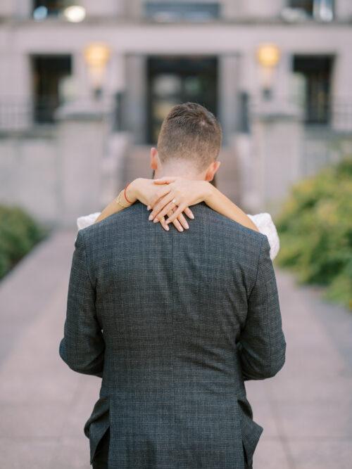 Capitol Square engagement photos in downtown Columbus, Ohio captured at the height of summer by Hunter Photographic.